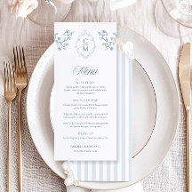 Elegant Blue Crest Stripe Wedding Menu Card