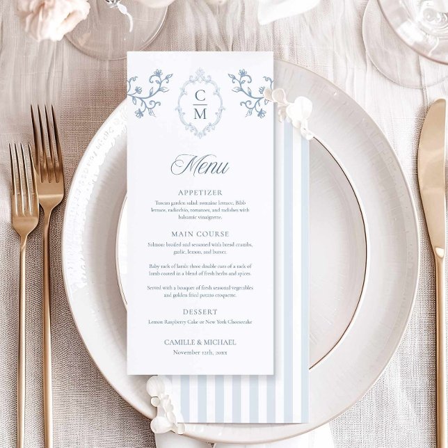 Elegant Blue Crest Stripe Wedding Menu Card (Blue Monogram Menu Card)
