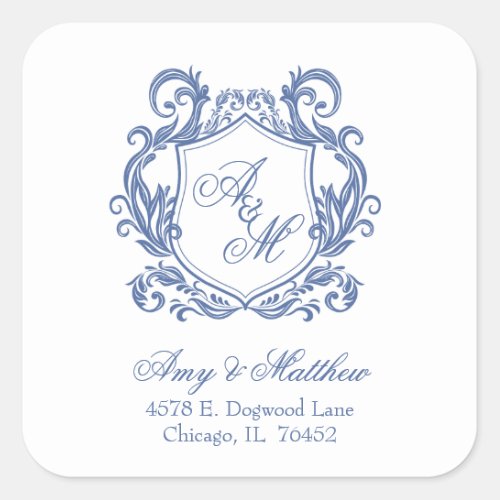 Elegant Blue Crest Wedding Return Address Square Sticker