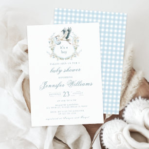 Elegant Blue Crest with Stork Baby Boy Shower Invitation