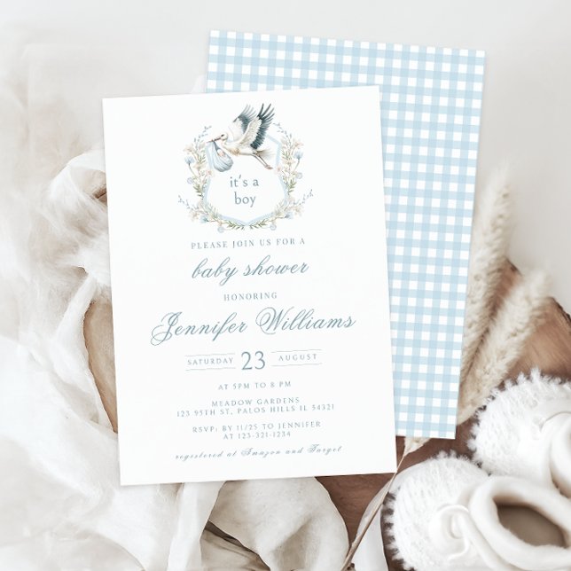 Elegant Blue Crest with Stork Baby Boy Shower Invitation (Creator Uploaded)