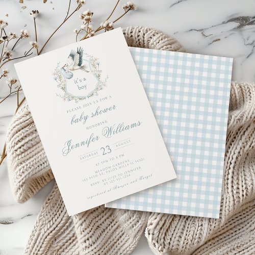 Elegant Blue Crest with Stork Baby Boy Shower Invitation