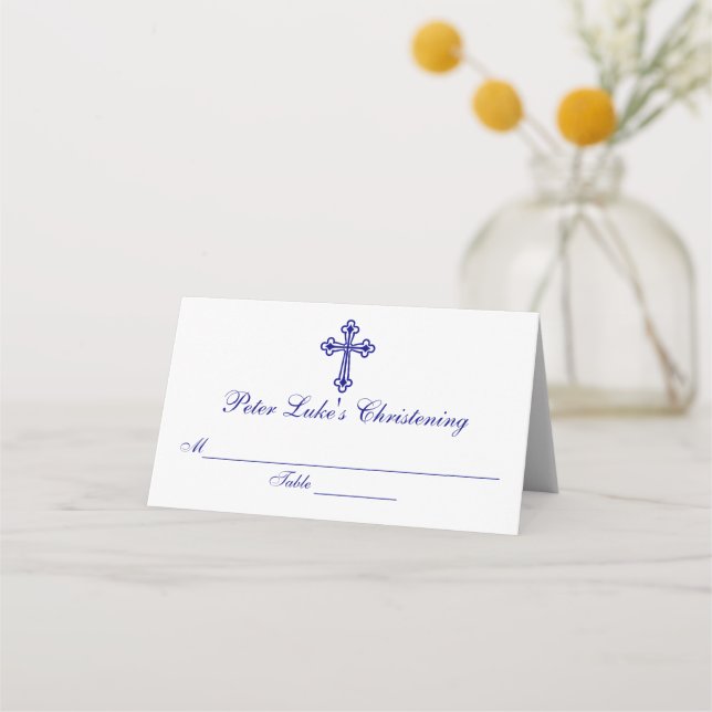 Elegant Blue Cross Baptism Custom Place Card (Front)