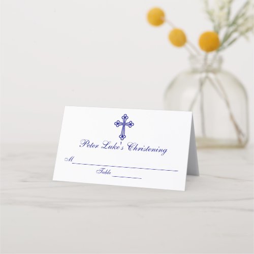 Elegant Blue Cross Baptism Custom Place Card