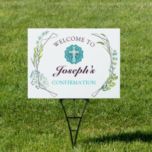 Elegant Blue Cross Botanical Confirmation Welcome  Sign