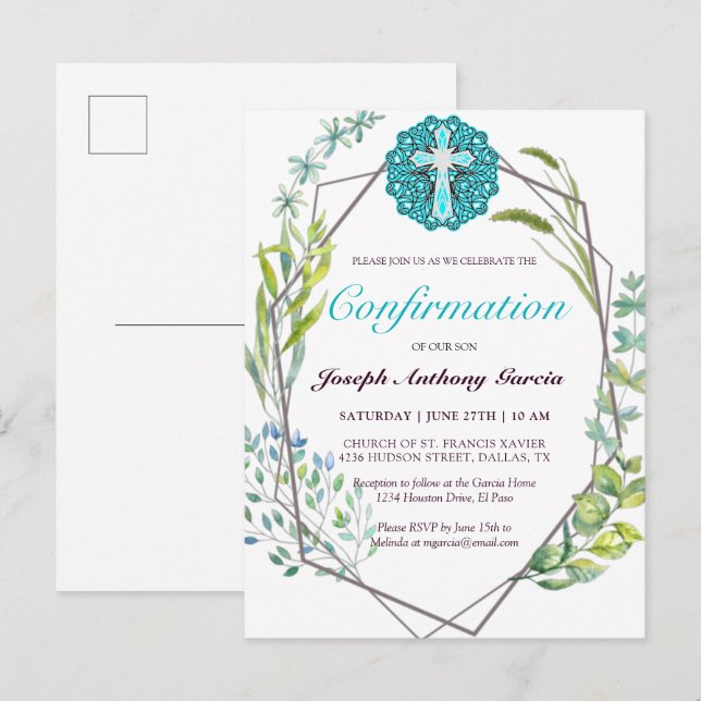 Elegant Blue Cross Botanical Floral Confirmation Invitation Postcard (Front/Back)