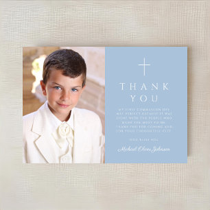 Elegant Blue Cross Boy First Communion Photo Thank You Card