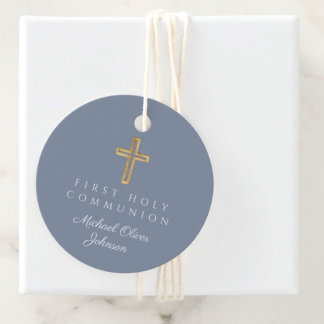 Elegant Blue Cross Boy First Communion Round Favor Tags