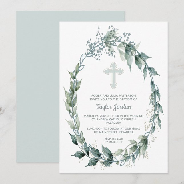 Elegant Blue Cross Greenery Baptism Invitation (Front/Back)