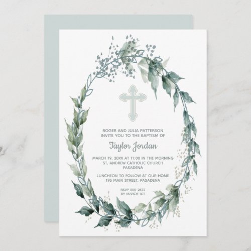 Elegant Blue Cross Greenery Baptism Invitation