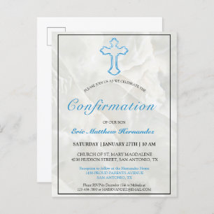 Elegant Blue Cross Marble Boys Confirmation Invitation Postcard