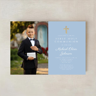 Elegant Blue Cross Photo Boy First Communion  Invitation