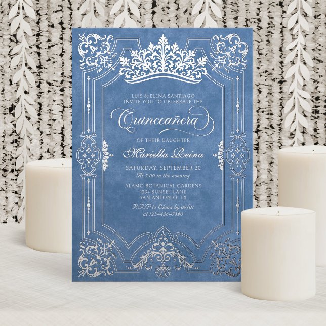 Elegant Blue Crown Tiara Quinceanera Foil Invitation (Creator Uploaded)