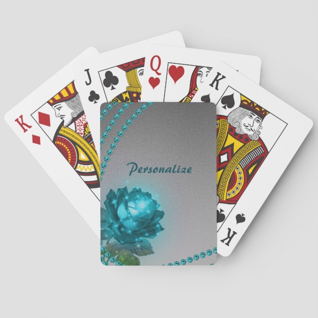 Elegant Blue Crystal Flower Pearls Chic Poker Cards (Back)