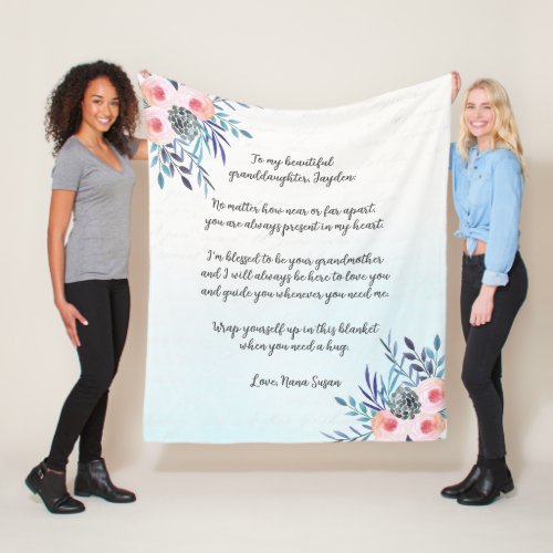 Elegant Blue Custom Quote Floral Granddaughter Fleece Blanket