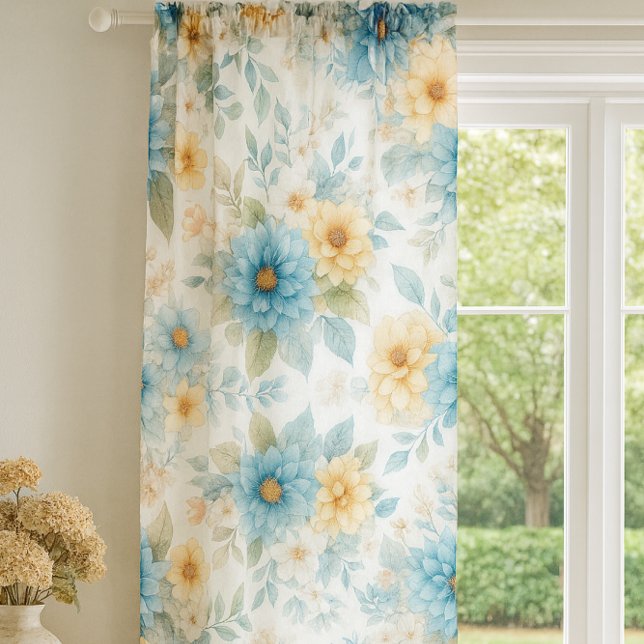 Elegant Blue Dahlia Floral  Sheer Curtains (lifestyle mockup of cottage style sheer curtains in natural light. (AI mockup) )