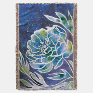 Elegant Blue Dahlia Navy Teal Floral Watercolor Throw Blanket