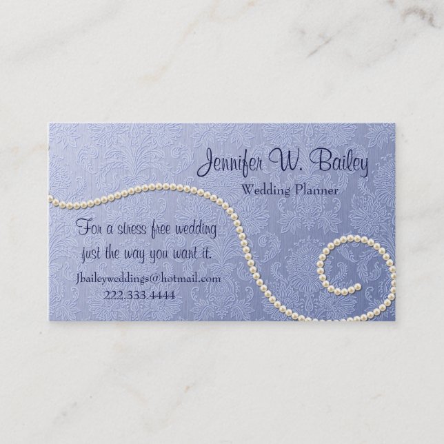 Elegant Blue Damask and Pearls Business Card (Front)