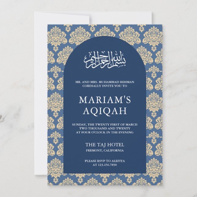 Elegant Blue Damask Arabian Arch Aqiqah Invitation (Front)
