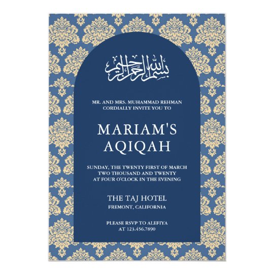 Elegant Blue Damask Arabian Arch Aqiqah Invitation | Zazzle.com