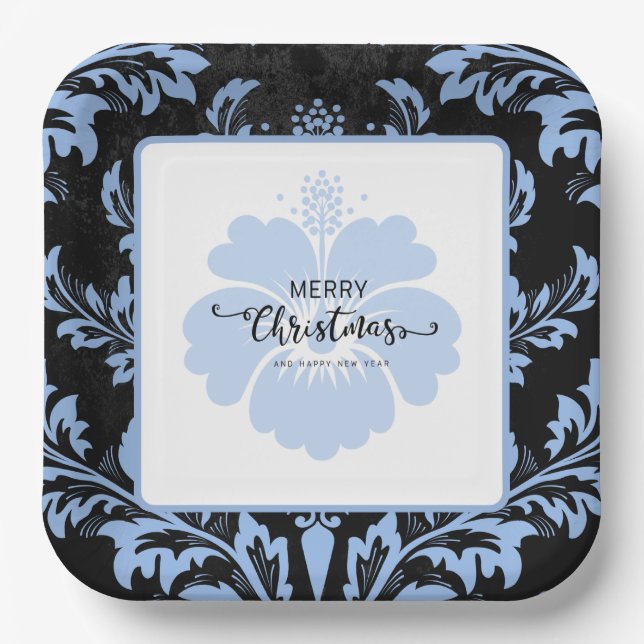 Elegant blue damask Christmas custom Paper Plates (Front)