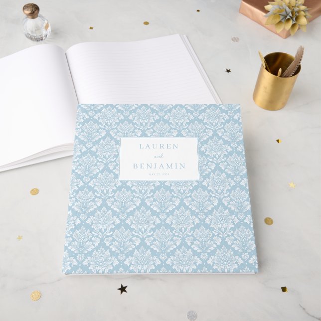 Elegant Blue Damask Confetti Guest Book (Front Open)