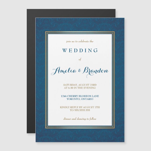 Elegant Blue Damask Gradient | Wedding Magnetic Invitation (Front/Back)