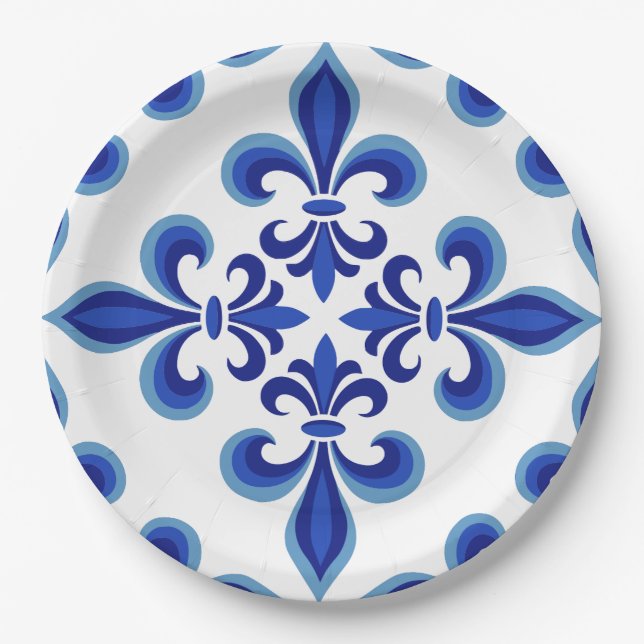 Elegant Blue Damask Luncheon  Paper Plates (Front)