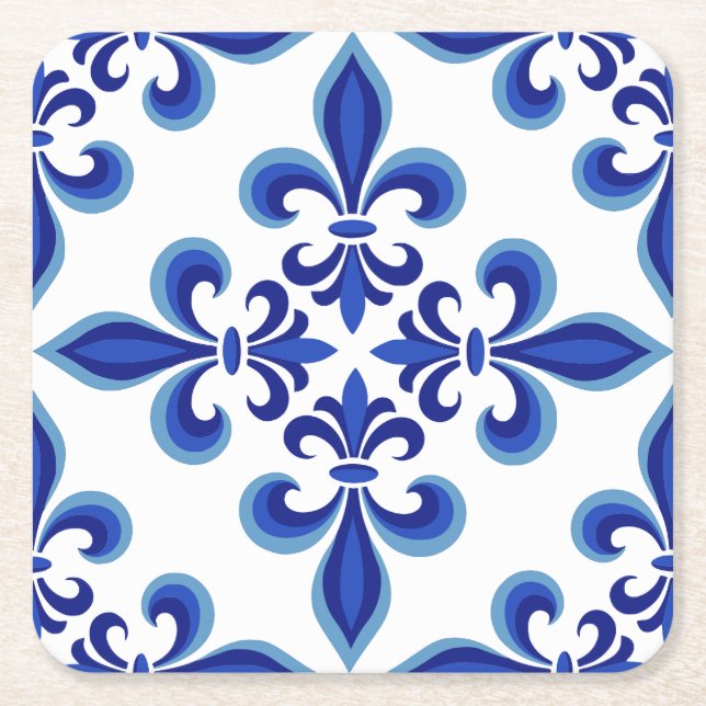 Elegant Blue Damask Luncheon  Square Paper Coaster (Front)