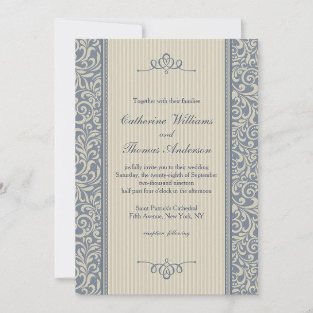 Elegant Blue Damask Pattern Wedding Invitation (Front)