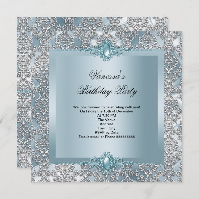 Elegant Blue Damask Silver Birthday Party Invitation (Front/Back)