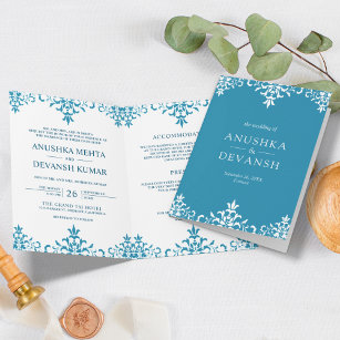 Elegant Blue Damask Traditional Indian Wedding Invitation