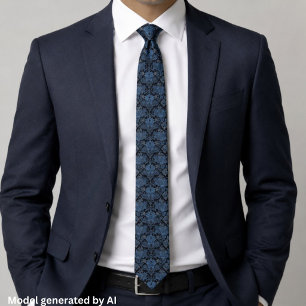 Elegant Blue Damask - Vintage Baroque Floral Neck Tie