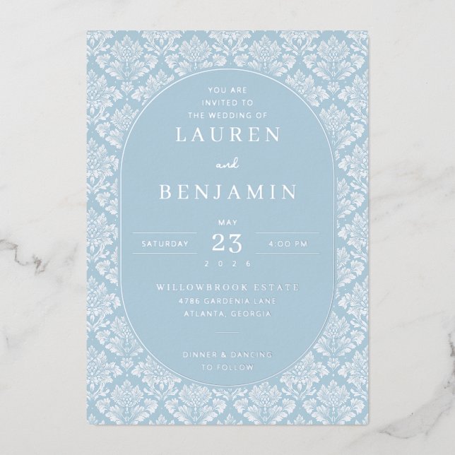 Elegant Blue Damask Wedding Invitation Foil Invitation (Front)