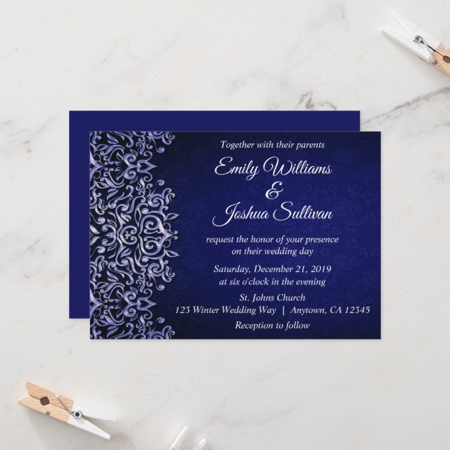 Elegant Blue Damask Winter Wedding Invitation (Front/Back In Situ)