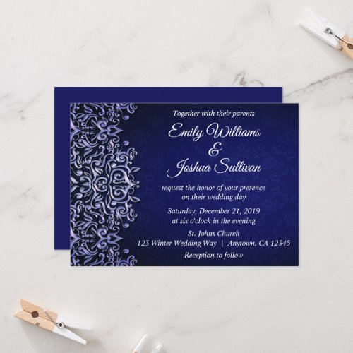 Elegant Blue Damask Winter Wedding Invitation