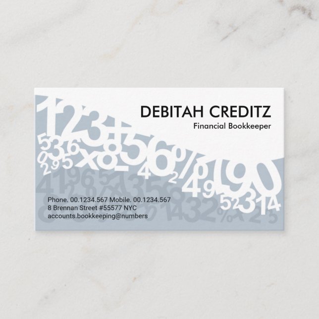 Elegant Blue Dancing Numbers Bookkeeper  Business Card (Front)