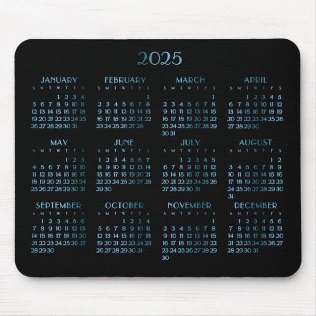 Elegant Blue Deco Yearly Calendar 2025 Mouse Pad (Front)
