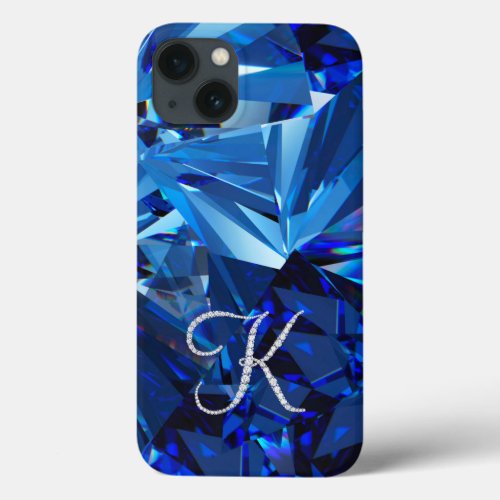 Elegant blue design with faux diamond letter K iPhone 13 Case
