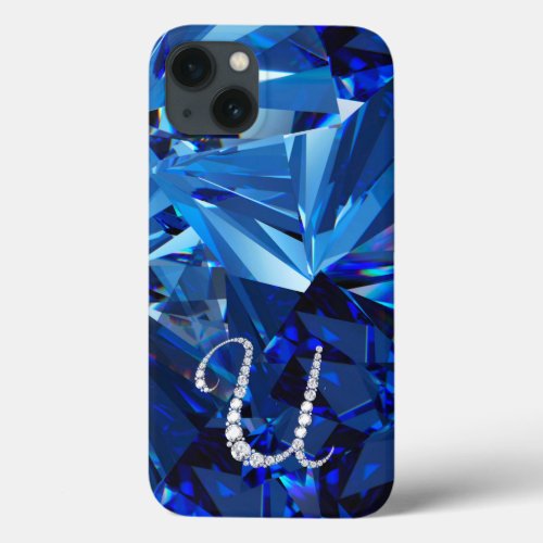 Elegant blue design with faux diamond letter U iPhone 13 Case