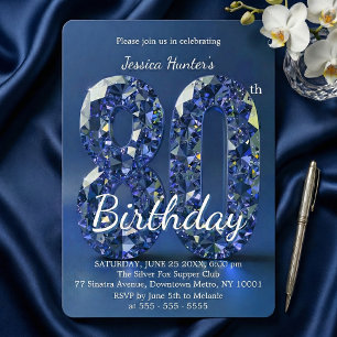 Elegant Blue Diamond Gemstone Glam 80th Birthday Invitation