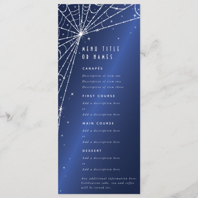 Elegant Blue Diamond Spider Web Flat 4 Course Menu (Front)