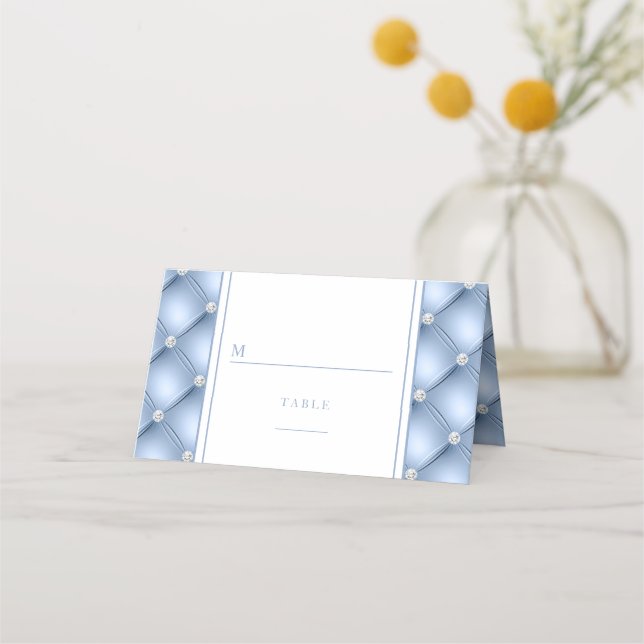Elegant Blue Diamond Tufted Wedding Place Card (Front)