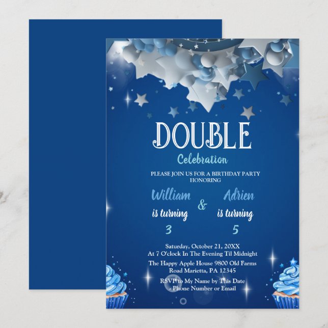 Elegant Blue Double Celebration Birthday Invitation (Front/Back)