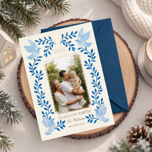 Elegant Blue Doves Religious Christmas Photo Foil Holiday Card