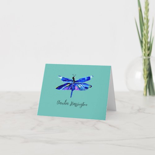 Elegant Blue Dragonflly Hand_Painted Watercolor Note Card