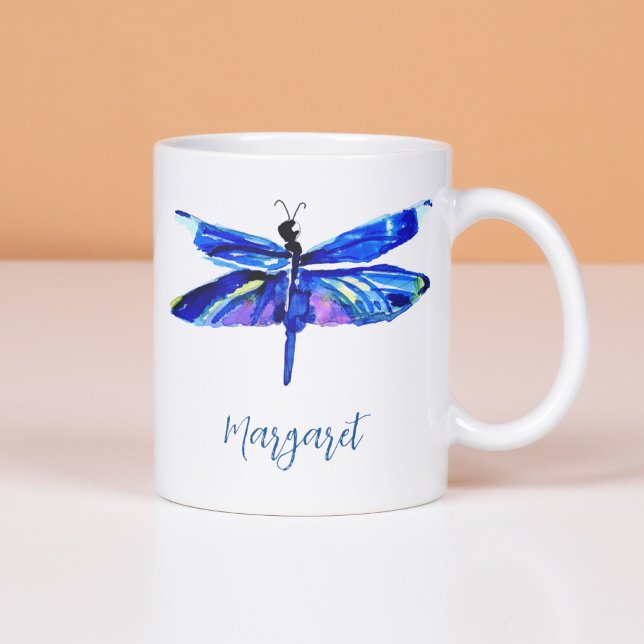 Elegant Blue Dragonfly Hand-Painted Watercolor Coffee Mug (This original art dragonfly has wings richly colored in indigo, teal, magenta and gold.)
