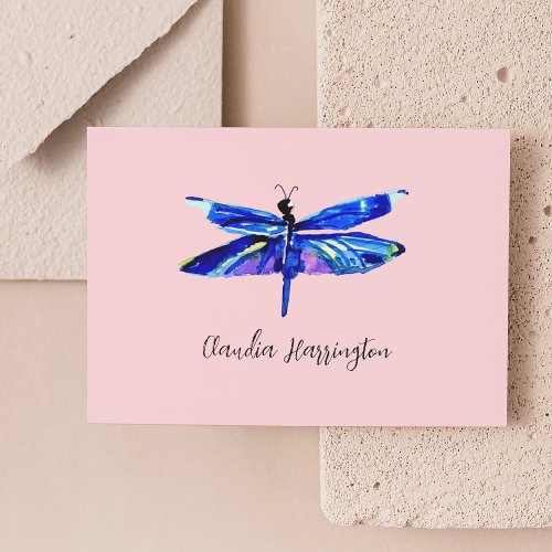 Elegant Blue Dragonfly Pink Hand_Drawn Watercolor  Note Card