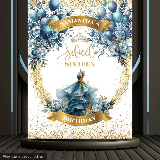 Elegant Blue Dress Gold Glitter Sweet 16 Banner Tapestry (Elegant Blue Dress Gold Glitter Sweet 16 Banner)