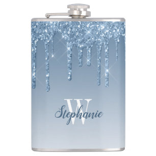 Elegant Blue Dripping Faux Glitter Monogram Flask
